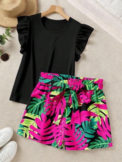 EMERY ROSE Solid Color Top & Tropical Print Shorts 2 Pieces Set, Suitable For Vacation, Plus Size
