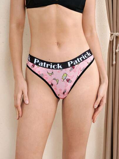 SpongeBob SquarePants | SHEIN 2pcs Women's Letter Waistband Thong Panty Set
