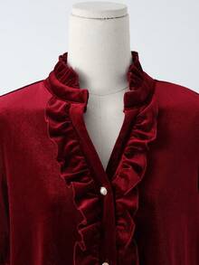 SHEIN Franclia 女士纯色荷叶边下摆休闲百搭日常衬衫 - 酒紅色 - 查看 4