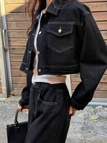 DAZY Women's Turndown Collar Washed Korean Style Long Sleeve Shirt And Loose Fit Long Pants 2 Pieces Denim Suit Petite - Blue - View 5