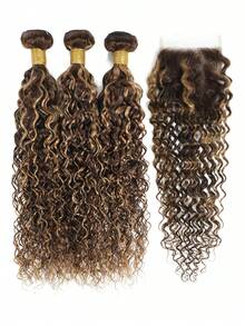 Highlight Piano Color Water Wave 3 PCS Virgin Human Hair Bundles With 4 X 4 Free Part Lace Closure In One Set P4/27# Mixed Wavy Bundle And Closure - S4/27 - View 2