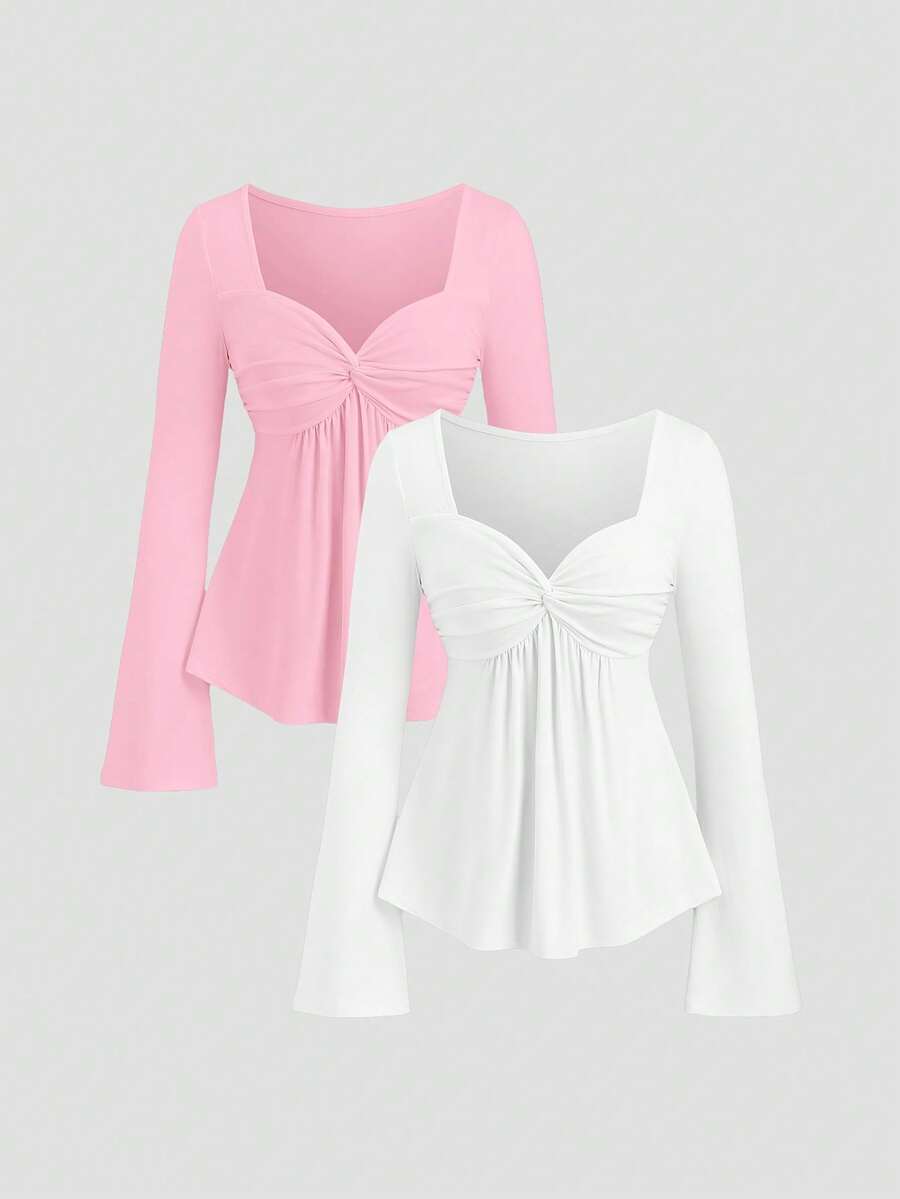 Sweetra 女士时尚优雅修身舒适长袖百搭两件套T恤 - 彩色 - 查看 1