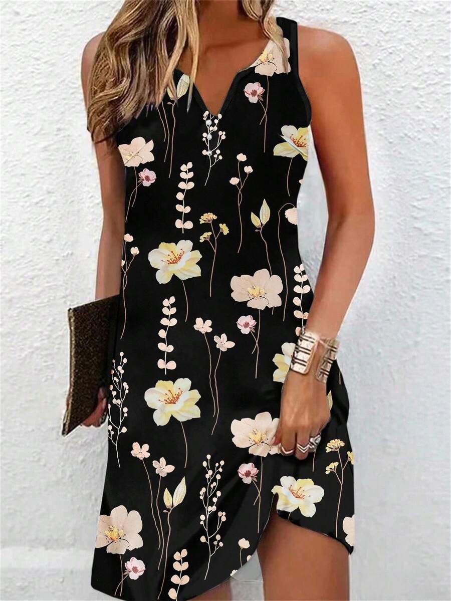 EMERY ROSE Gaun Kasual Wanita Model V-Neck Motif Bunga Panjang Sedang, Cocok untuk Musim Panas - Hitam - View 1