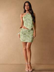 SHEIN BAE Women's Sexy Floral Embroidery Backless Halter Top, Summer - Green - View 5