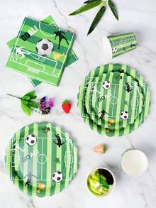 Green Background Football Petal Design Disposable Plates, Napkins And Paper Cups Party Set, Serves 24 Guests. This Disposable Paper Party Tableware Is Suitable For Birthdays, Weddings, Themed Parties And Family Picnics. - View 4