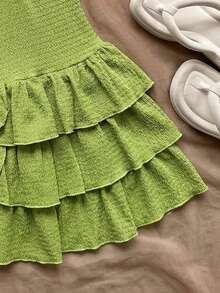 SHEIN Tween Girl Semester Enfärgad Flerskiktad Volangklänning med Halterneck - Grön - Visa 4