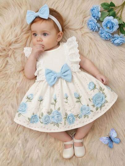 SHEIN Gorgeous Newborn Princess Dress With Delicate Lace Flared Sleeves, Ethereal And Airy, Adorned With A Soft Pink Oversized Bow, Sweet And Cute, Embroidered Rose Skirt Paired With Pearls, Matching Headband, Made Of Soft And Skin-Friendly Fabric Summer Elegant Baby Dress Infant Tea Party Dress White And Blue Baby Dress Baby Butterfly Dress Spring Theme Party Dress For Baby Baby Girl White And Blue Dress Baby Girl Lace Ruffles Dress Baby Girl Light Blue Flower Dress Baby Girl Floral Embroidered Dress
