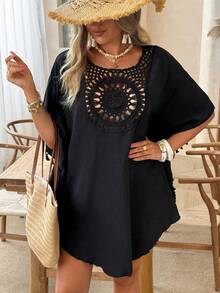 Ceyna Plus Size Casual Vacation Solid Color Fringe Decor Dress Women's Beach Cover Up Women's Summer Outfits Women's Tops For Summer Women 2 Pieces Outfit Casual Bikini Cover Ups Dress Bathing Suits For Women Cover Ups Beach Dresses For Women Cover Up Blouse For Women Casual Blouses For Women T Shirt - Black - View 8