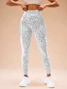 Gameset SHEIN Sport Gray & White Leopard Print Jacquard Seamless Leggings Yoga Women Pants - Grey - View 3