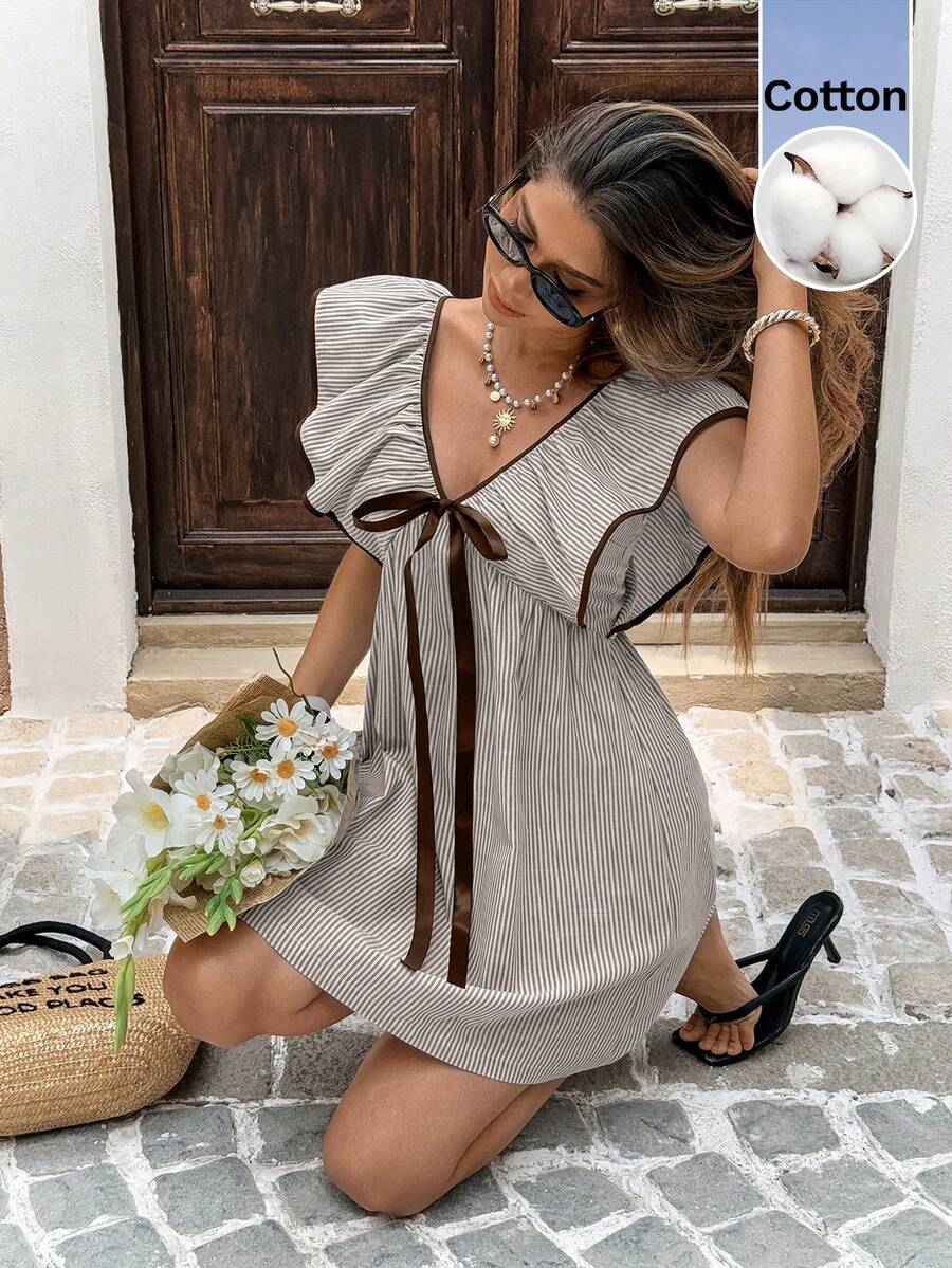 Serisse Gaun Mini Wanita Model V-Neck dengan Simpul, Bergaris, dan Ruffle, Cocok untuk Kencan dan Pesta, Gaun Musim Panas untuk Wanita - Coffee Brown - View 1