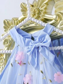 SHEIN 甜美梦幻的少女连衣裙，3D立体网纱蓝色吊带连衣裙，优雅独特，适合派对、外出和日常生活，少女夏季连衣裙 - 藍色 - 查看 7