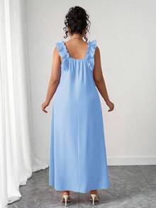 SHEIN PETITE 大码女式纯色宽松荷叶边方领连衣裙 - 藍色 - 查看 2