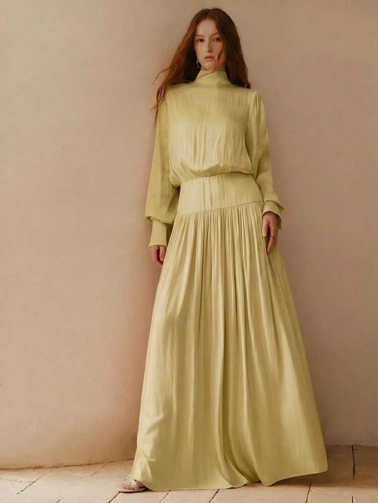 SPRING/SUMMER FASHIONABLE SATIN PLEATED HIGH NECK CINCHED WAIST PLEATED DRESS FOR WOMEN