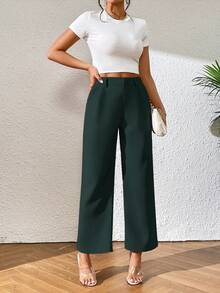 SHEIN PETITE 女士纯色褶皱直筒宽松休闲裤 - 墨綠色 - 查看 6