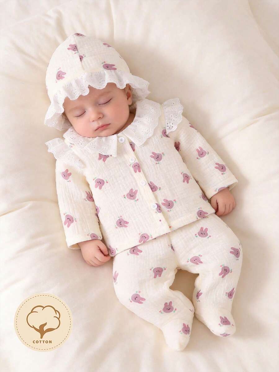 Bộ 3 món đồ liền thân, mũ và đồ ngủ họa tiết hoa cho trẻ sơ sinh - Màu be - Xem 1