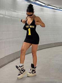 StreetHx Đầm nữ màu đen phối vàng in họa tiết kim loại, thời trang. - màu đen - Xem 1