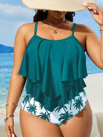 Swim Lushoire Plus Size Solid Color Spaghetti Strap Coconut Tree Print Tankini Swimsuit Set