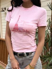 DAZY 女士圆领棉质印花修身粉色T恤，夏季图案T恤 - 粉色 - 查看 5