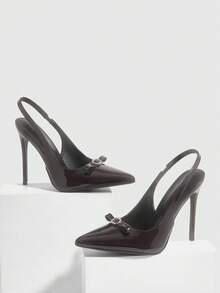 CUCCOO SZL 女士尖头细高跟鞋，棕色蝴蝶结钻石扣后系带高跟鞋，时尚性感晚宴女士鞋 - 6688-55鏡面咖啡171 - 查看 2