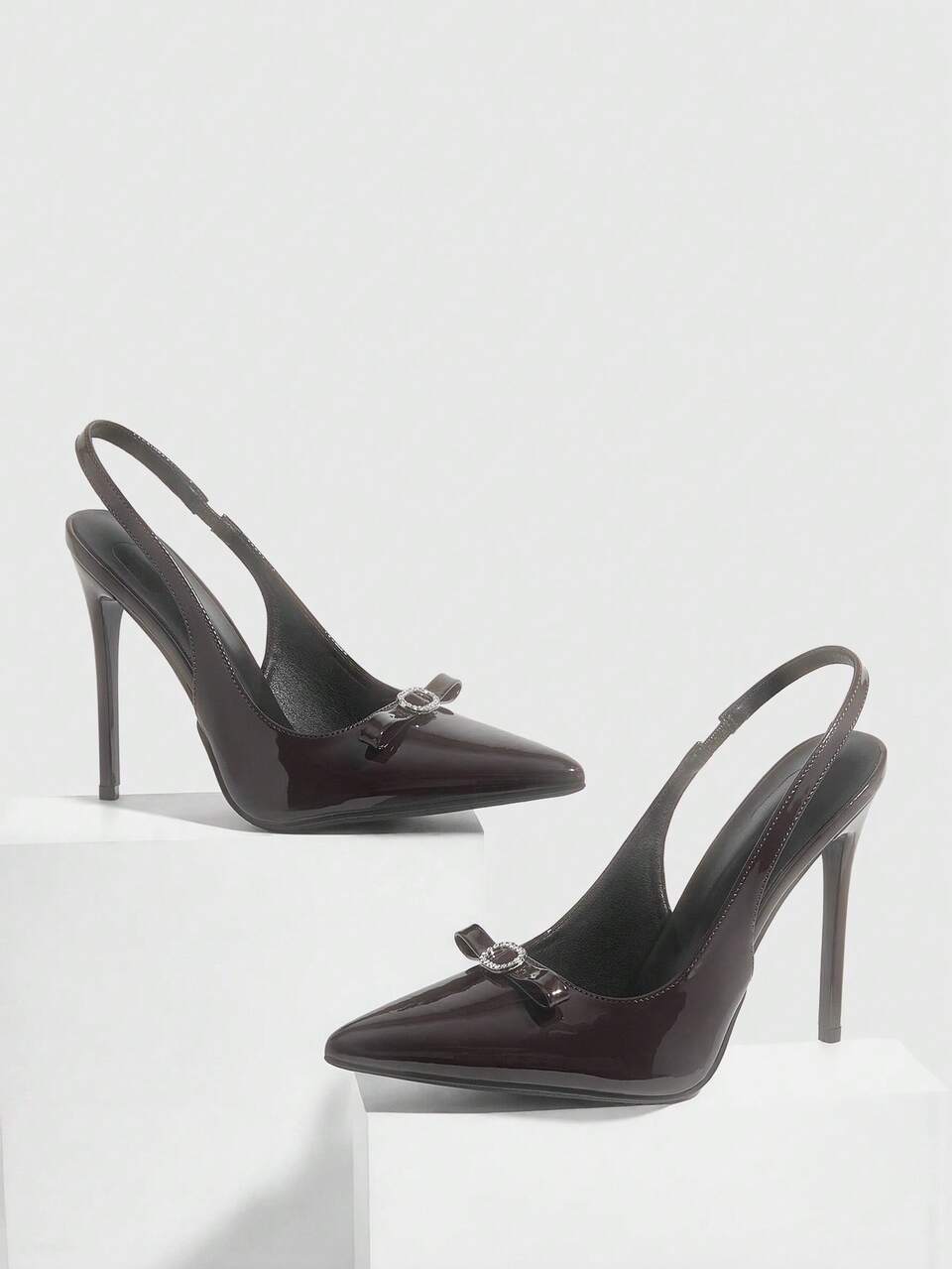 CUCCOO SZL Women Shoes Pointed Stiletto Brown Bow Diamond Buckle Slingback Women's High Heel Shoes Fashion Sexy Dinner Party Women's Shoes