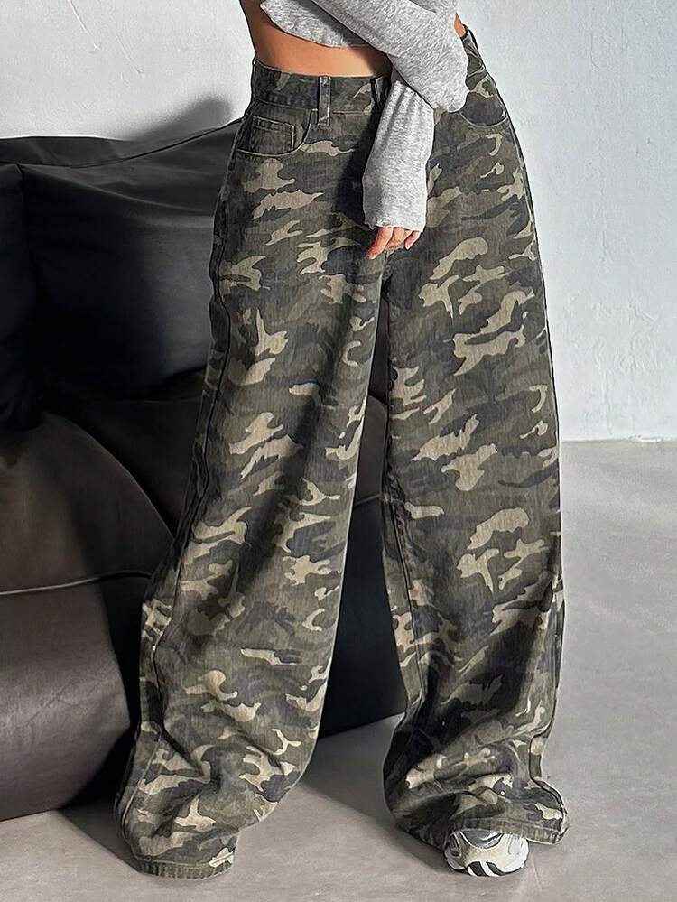 Tall Women's Loose Fit Camouflage Wide Leg Jeans, Casual Street Style