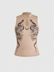 ROMWE Goth Áo tank top lưới in họa tiết da rắn phong cách retro Y2K Trung Quốc mới - Màu be - Xem 1
