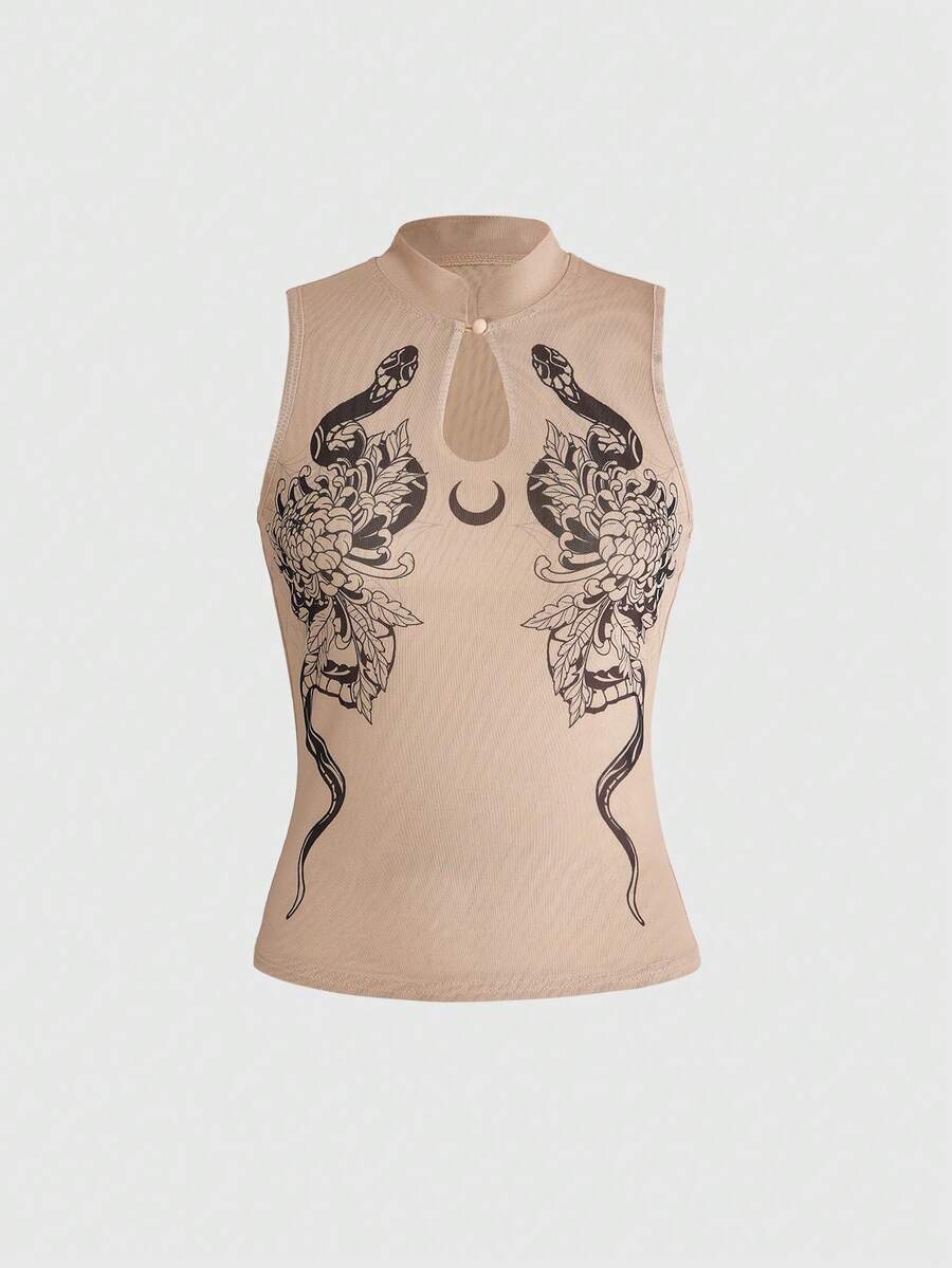 ROMWE Goth Áo tank top lưới in họa tiết da rắn phong cách retro Y2K Trung Quốc mới - Màu be - Xem 1