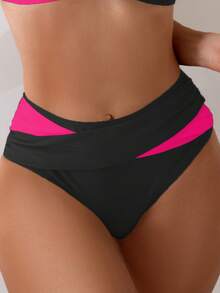 SHEIN Swim Multicolor Women's Short High Waist Ruched Colorblock Bikini Bottom - Multicolor - View 3
