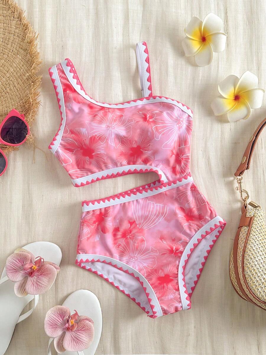 SHEIN 女童碎花连体泳衣，粉色花朵图案，荷叶边装饰，适合海滩、度假、夏季旅行 - 彩色 - 查看 1