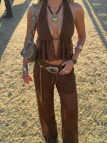 SHEIN EZwear New Summer Music Festival Brown Mesh Halter Top & Pants Set For Women - Coffee Brown - View 9