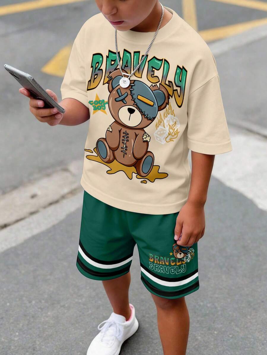 Tween男孩休閒Bravely Bear上衣與短褲套裝,青少年夏季穿搭,米色開學季街頭風校園服飾,圓領 - 彩色 - 查看 1