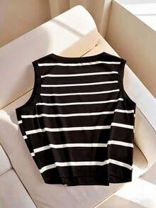 GlowEve CURVE Plus Size Women Black And White Striped Round Neck Tank Top Summer Sleeveless Vest,Versatile Casual Smart Casual Stripe Tops For School New Arrivals - Black - View 2