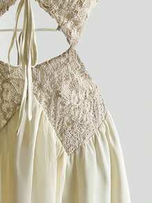 SHEIN Holidaya 女士优雅浪漫镂空V领无袖钩编蕾丝连衣裙 - 杏色 - 查看 5