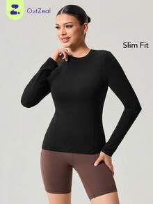 OutZeal Gym Top Women Sports Black Tee Solid Color Summer Spring Fitness Yoga Casual Semi Sheer Stretchy Built-In Tank Tee Long Sleeve Active Tops - Black - View 1