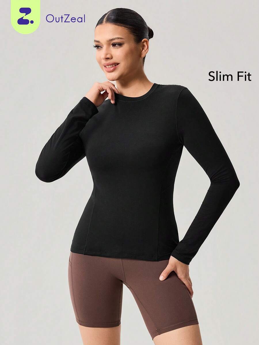 OutZeal Gym Top Women Sports Black Tee Solid Color Summer Spring Fitness Yoga Casual Semi Sheer Stretchy Built-In Tank Tee Long Sleeve Active Tops - Black - View 1
