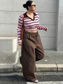 Dazy Plus Celana Jeans Wanita Model Lurus dengan Desain Vintage, Celana Panjang Longgar Kasual Hingga Mata Kaki, Ukuran Besar - Coklat - View 6