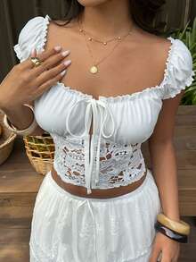 Sunnyshic Áo kiểu nữ màu trắng phối ren jacquard, kiểu dáng boho, tay ngắn, thắt nơ rỗng, cài nút, thích hợp cho đi biển, đám cưới, tiệc tùng. - trắng - Xem 4