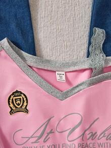 1pc Sweet American Style Fitted Splice Contrast Color Floral Print T-Shirt With Lace Trim, Summer - Pink - View 3