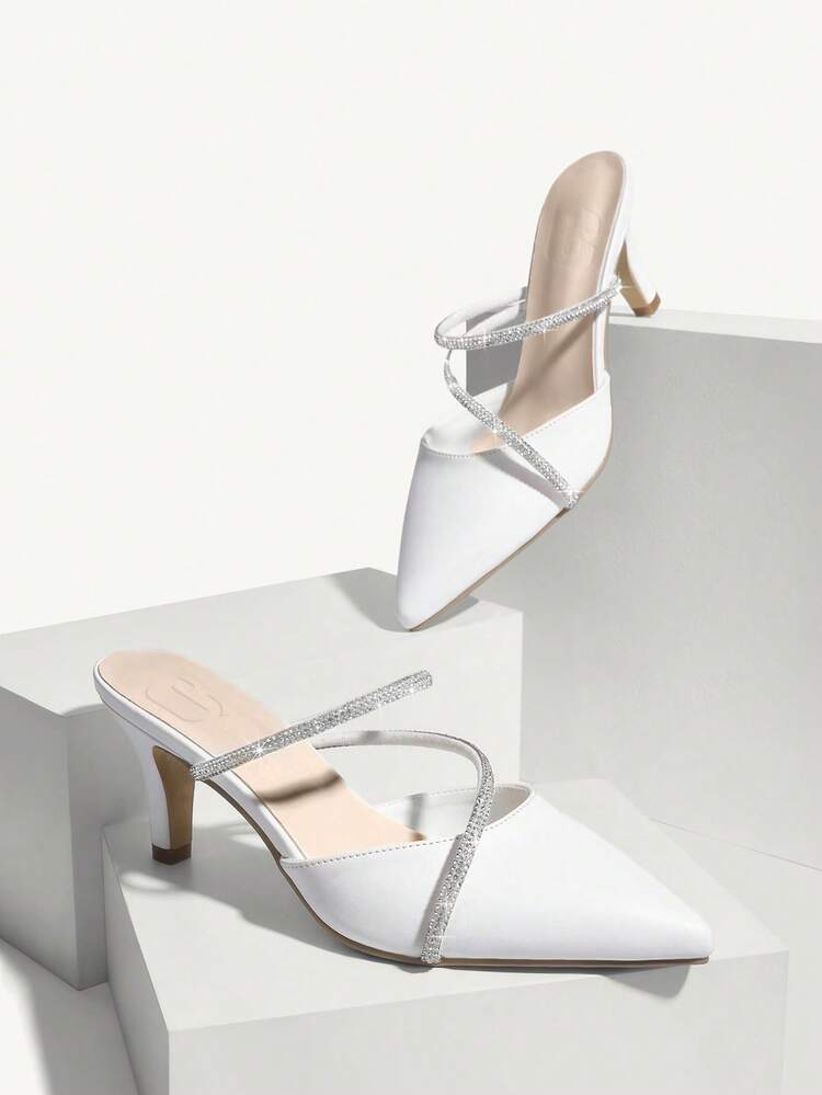 CUCCOO CHICEST Woman Shoes Shoes Fashionable White Rhinestone Mules Comfortable High Heel Pumps For Summer Graduation Heels Prom Heels Vacation Shoes Summer Summer Shoes Summer Break Easter For Christmas Elegant Shoes Wedding Shoes Summer Shoes Bride Shoes