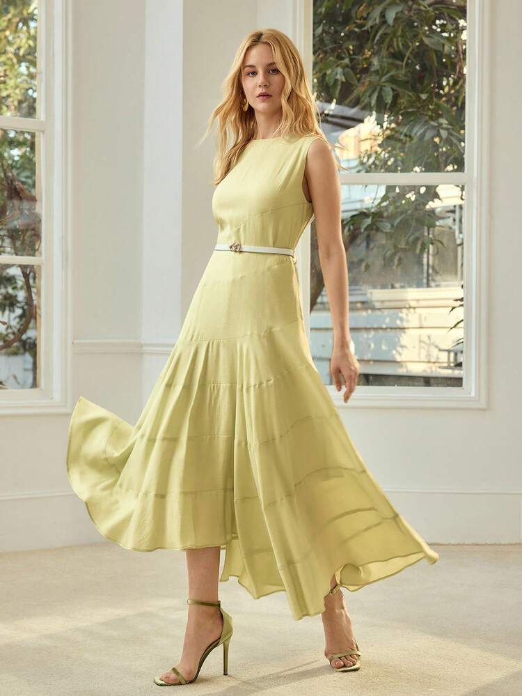 WOMEN'S GREEN PATCHWORK SLEEVELESS ASYMMETRICAL BELT DRESS