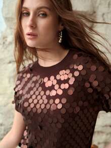 MOTF PREMIUM VERSATILE SEQUIN EMBELLISHED SHORT SLEEVE KNIT PULLOVER - Coffee Brown - View 6