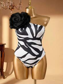 DreamSkyne Plus Size Women Minimalist Fashion Knit Oblique Shoulder Plus Size Black 3D Floral Decor High Stretch Bodysuit - Multicolor - View 1