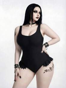 ROMWE Goth Plus Size Women One-Piece Swimsuit, Floral Trim Summer Holiday Swimwear - Black - View 1