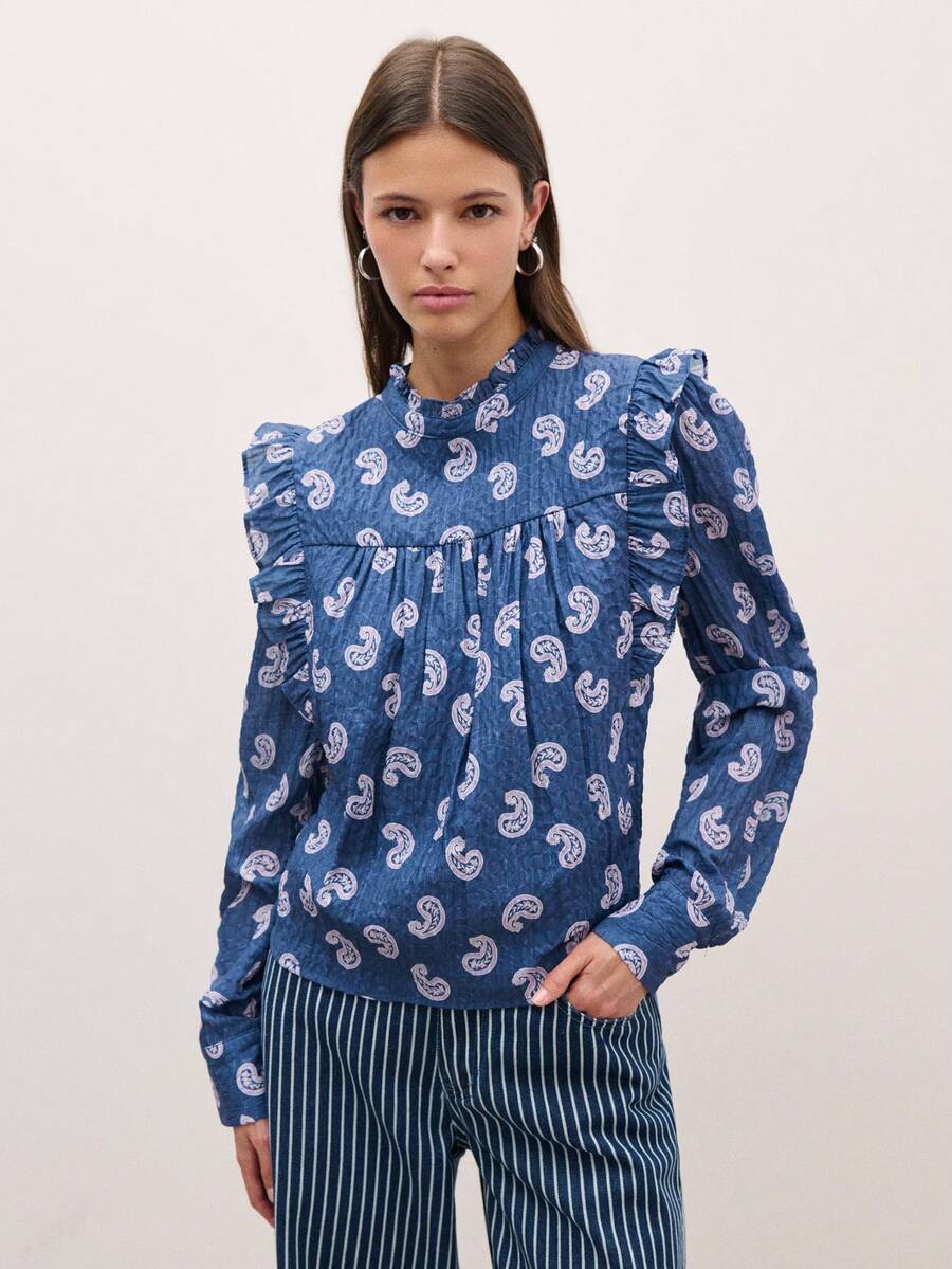 Nöista Women's All-Over Print Pleated Casual Versatile Daily Wear Shirt - Navy Blue - View 1
