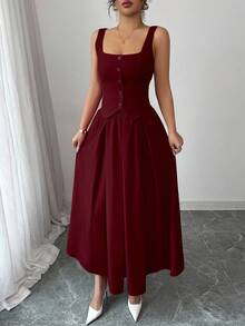 Rafferiza Women's Sleeveless Square Neck Single-Breasted Pleated Hem Vest And Skirt 2 Pieces Set, Fashionable And Versatile For Daily Wear - Burgundy - View 5