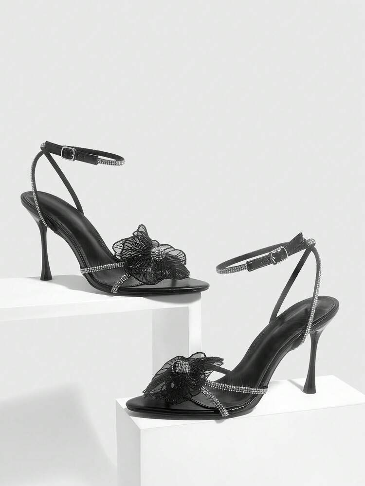 CUCCOO SZL Women Shoes Pointed Stitch Heel Black Rhinestone Strip Three-Dimensional Flower Open Toe Sexy Fashion Gorgeous Dress Banquet Party Nightclub Women High Heel Sandals