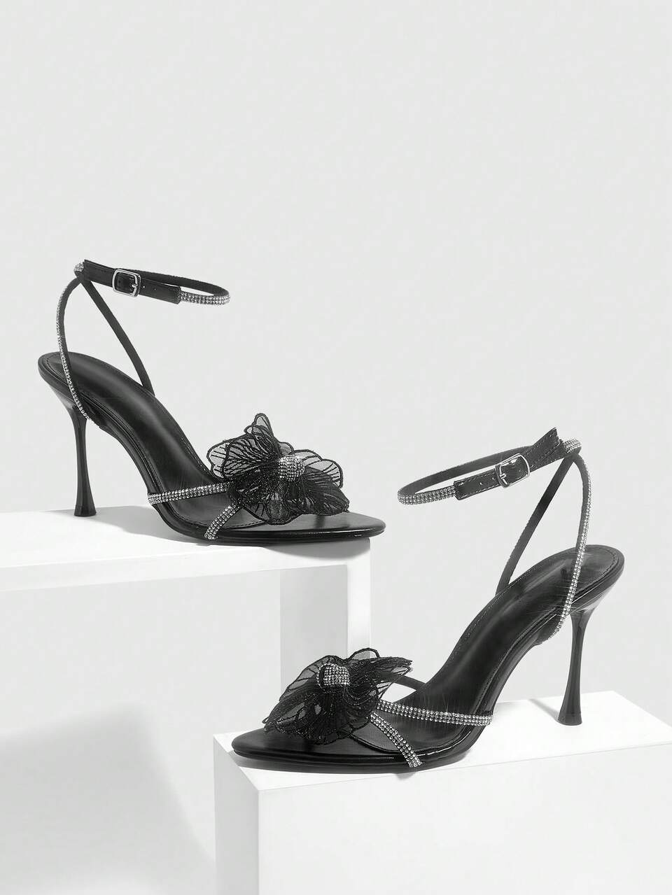 CUCCOO SZL Women Shoes Pointed Stitch Heel Black Rhinestone Strip Three-Dimensional Flower Open Toe Sexy Fashion Gorgeous Dress Banquet Party Nightclub Women High Heel Sandals Summer Shoes