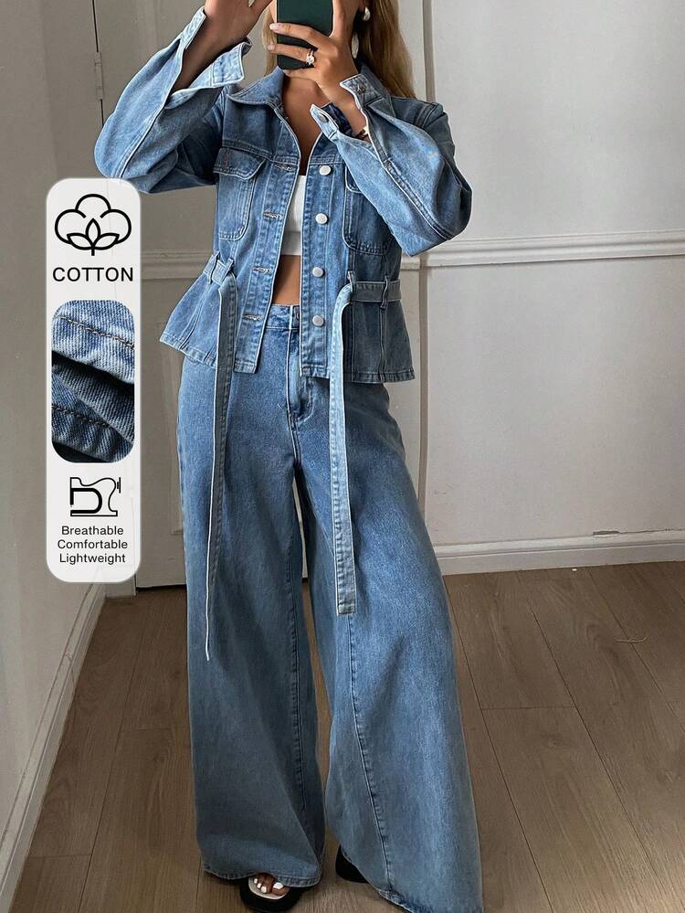 Women's Denim Jacket With Collar & Belt, Waist Cinched, And Loose Fit Jeans Set, Casual City Style