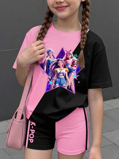1 Set Tween Girls Casual Fashionable Cool Cartoon K-POP Girl Pattern Color Block Print Short Sleeve T-Shirt And Shorts Set, Suitable For Outings In Spring/Summer
