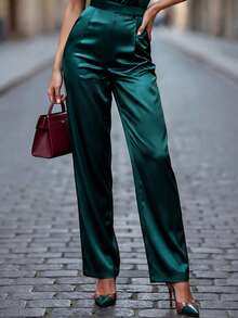 Balvessa 亮面面料西装领七分袖单排扣上衣和高腰弹力阔腿裤女士两件套 - 墨綠色 - 查看 5